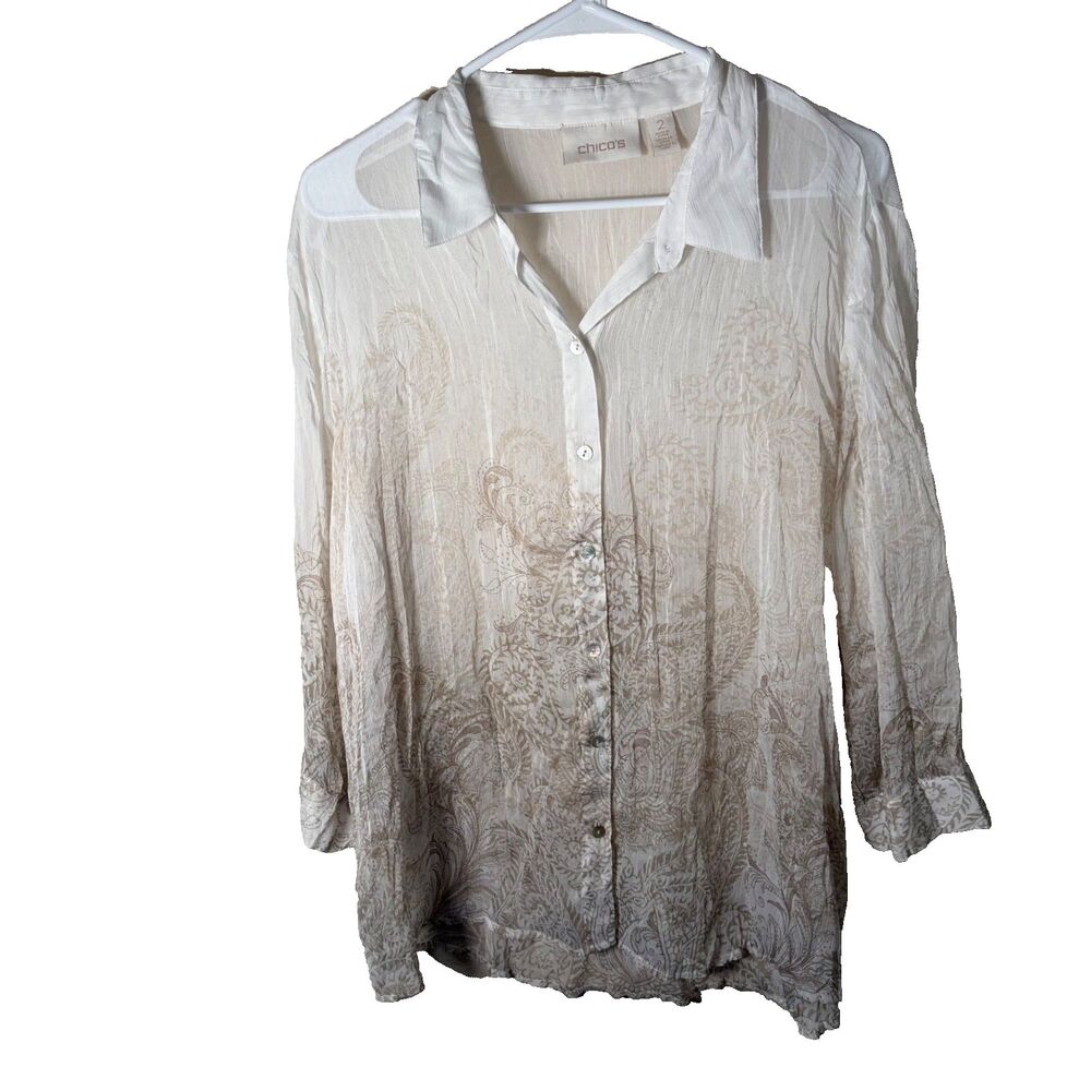 Chico's Shirt Women's 2 Button Up Printed Sheer Paisley 3/4 Sleeve Collared Top
